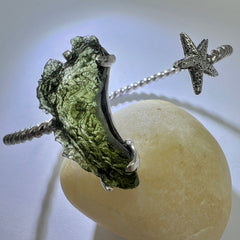 Moldavite Star Silver Cuff Bracelet 3.8g