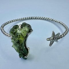 Moldavite Star Silver Cuff Bracelet 3.8g