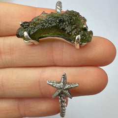 Moldavite Star Silver Cuff Bracelet 3.8g