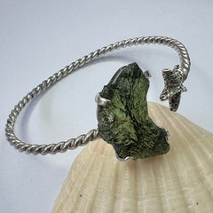 Moldavite Star Silver Open Cuff Bracelet 3.3g