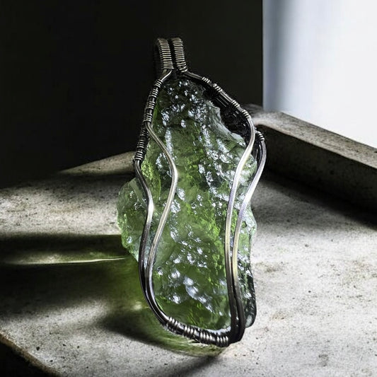 5.8g Moldavite Angel Chime Pendant in Antiqued Silver