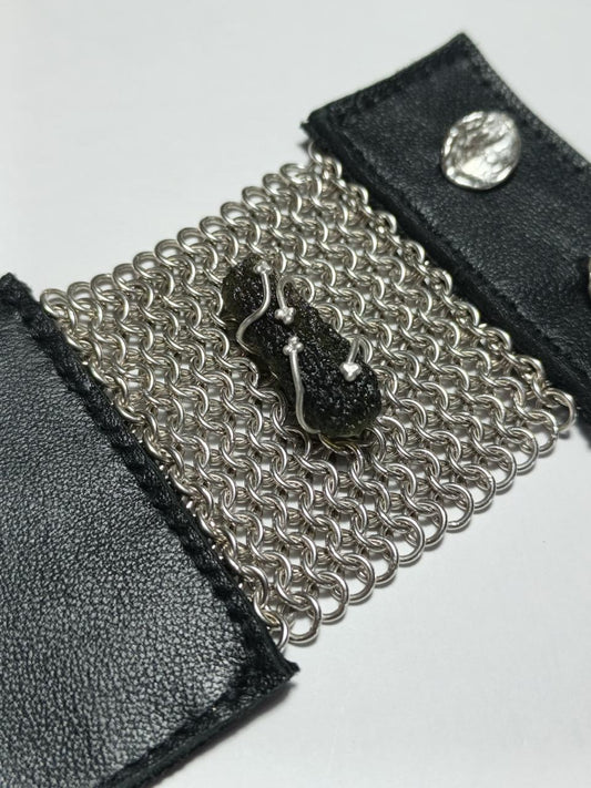 Moldavite Silver & Leather Bracelet.