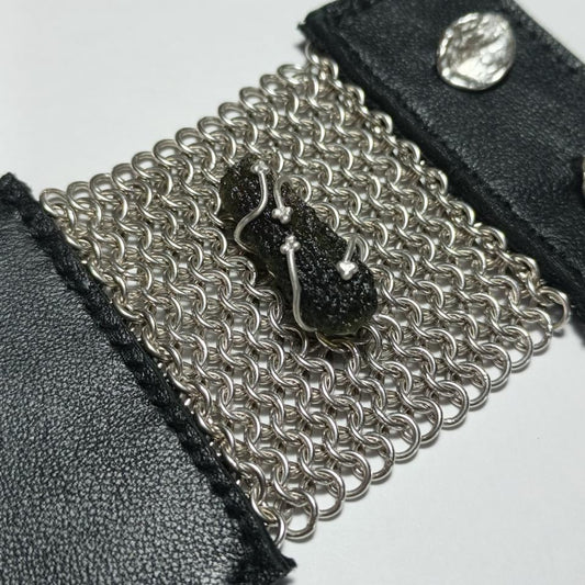 Moldavite Silver & Leather Bracelet.