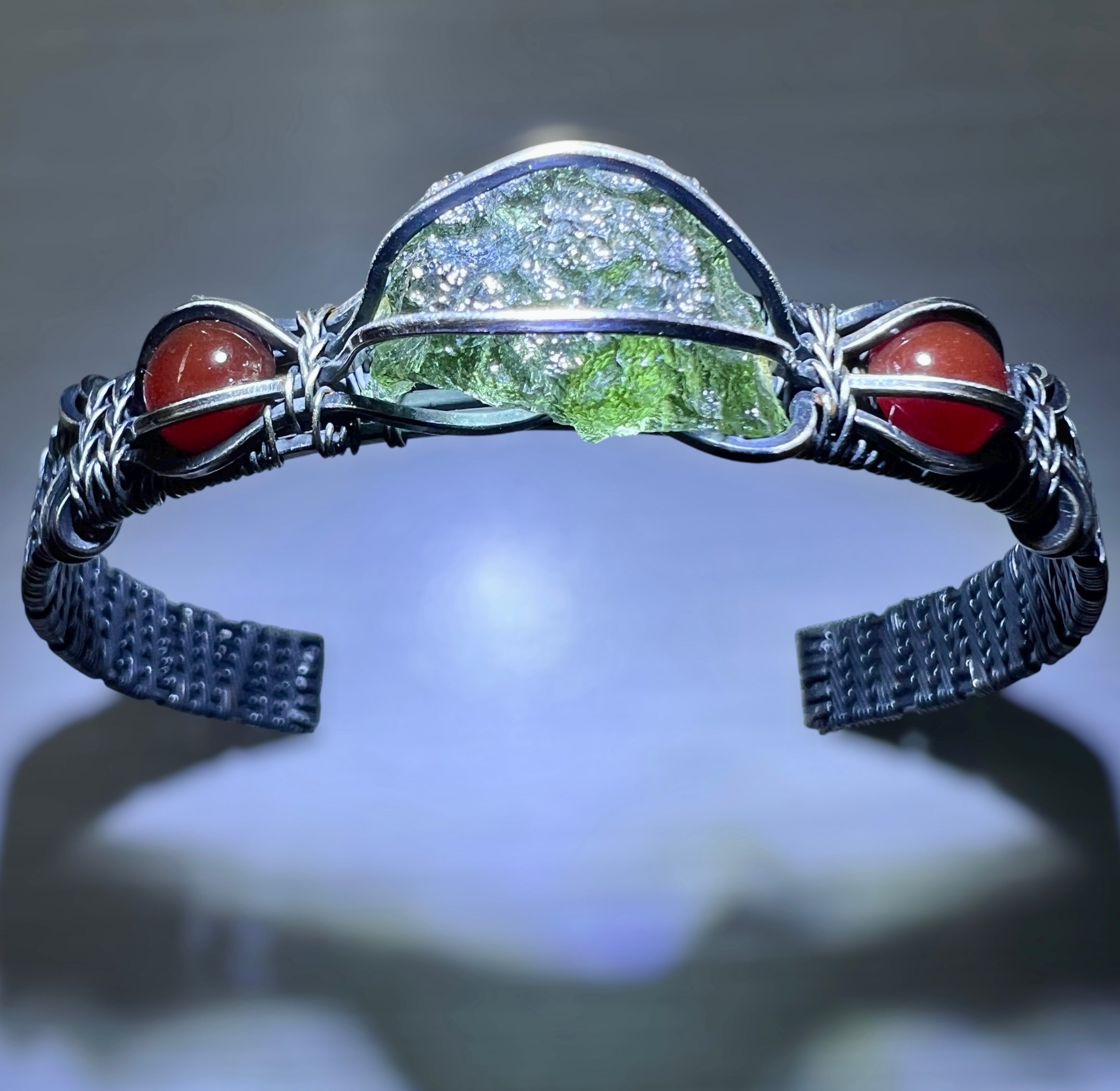 Moldavite Sterling Silver Bracelet with Sunstone Accents