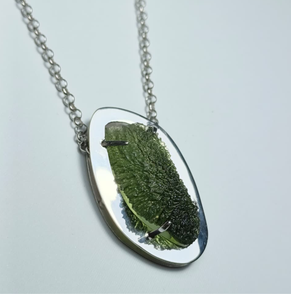 Oval Disk Silver Plated Moldavite Necklace