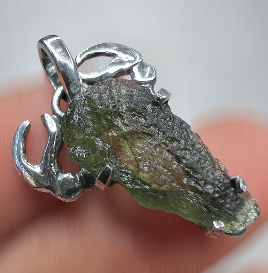Moldavite silver pendant - Crab Motif