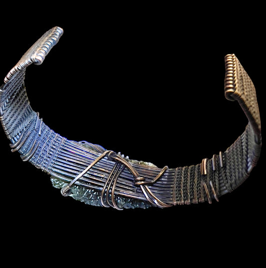 Substantial Moldavite Bracelet — Handwoven in Antiqued Copper