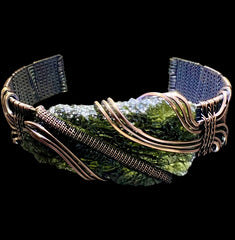 Substantial Moldavite Bracelet — Handwoven in Antiqued Copper
