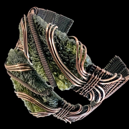 Substantial Moldavite Bracelet — Handwoven in Antiqued Copper