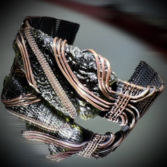 Substantial Moldavite Bracelet — Handwoven in Antiqued Copper