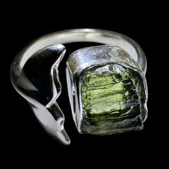 Whale Tail Motif Sterling Silver Moldavite Ring - Open Size 6 (M)