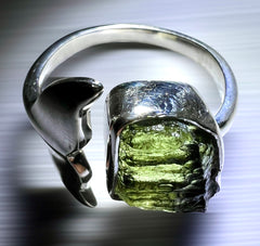 Whale Tail Motif Sterling Silver Moldavite Ring - Open Size 6 (M)