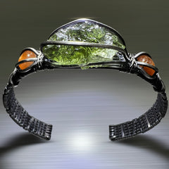 Moldavite/Silver Bracelet, Carnelian accents. (SM/adjustable)