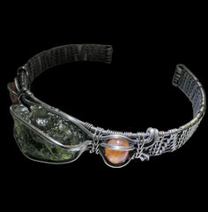 Moldavite/Silver Bracelet, Carnelian accents. (SM/adjustable)
