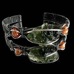 Moldavite/Silver Bracelet, Carnelian accents. (SM/adjustable)
