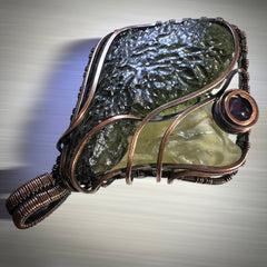 Majestic Antiqued Copper Master Wrap Pendant — Moldavite, Amethyst & Libyan Desert Glass