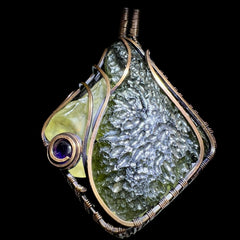 Majestic Antiqued Copper Master Wrap Pendant — Moldavite, Amethyst & Libyan Desert Glass