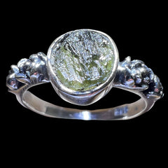 Oval with Florets Band Sterling Silver Moldavite Ring - 8 (Q)