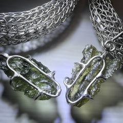 Woven Silver Moldavite Earrings & Necklace set