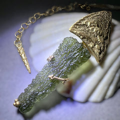 Leaf-Inspired Gold-Plated Moldavite Necklace (3.45g) — Chlum, Czech Republic