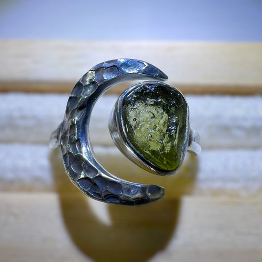 Crescent Moon Sterling Silver Moldavite Ring - 4 (S) Open