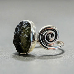 Spiral Moldavite Silver Ring – Open Size 10 (U)