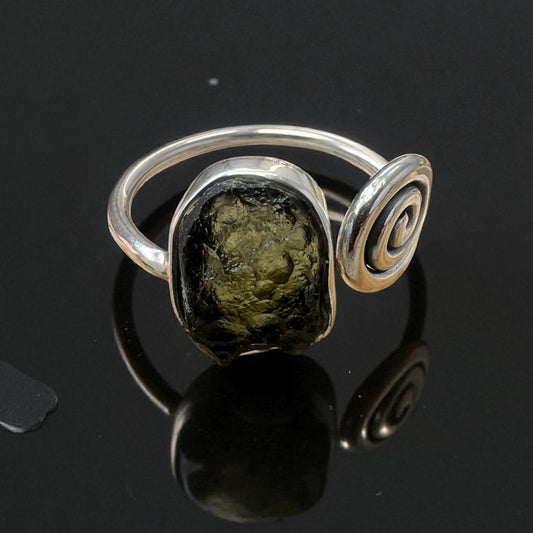Spiral Moldavite Silver Ring – Open Size 10 (U)