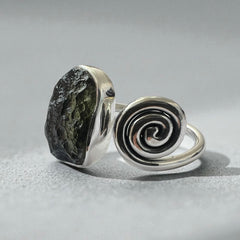 Spiral Moldavite Silver Ring – Open Size 10 (U)