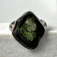 Woven Silver Moldavite ring size 10 (U)