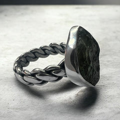 Woven Silver Moldavite ring size 10 (U)