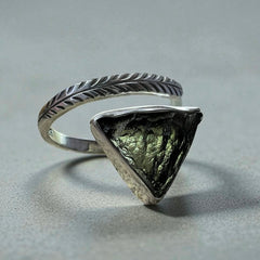 Inverted Triangle Moldavite Silver Ring- Open Size 11 (W)