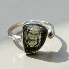 Raw Moldavite Silver Ring with Orb Accent – Open Size 11 (X)