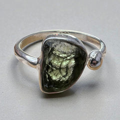 Raw Moldavite Silver Ring with Orb Accent – Open Size 11 (X)