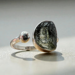 Raw Moldavite Silver Ring with Orb Accent – Open Size 11 (X)