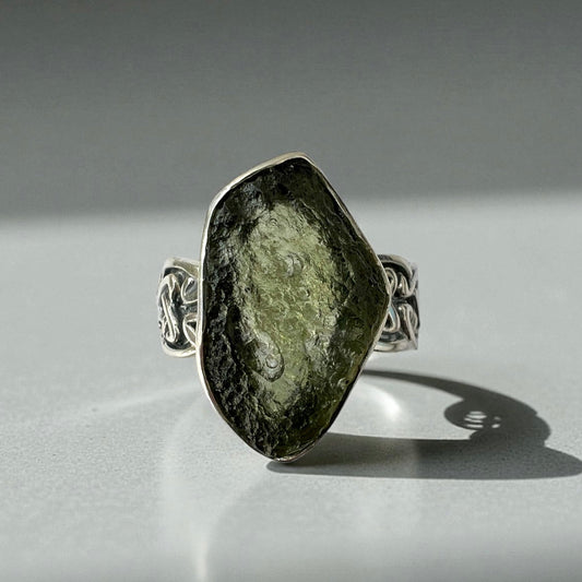 Oval Shaped Moldavite Silver Ring- Size 12 (Y)