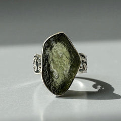 Oval Shaped Moldavite Silver Ring- Size 12 (Y)