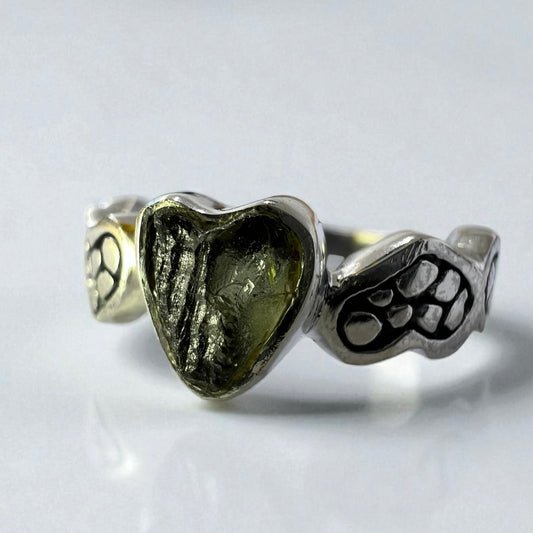Long Heart Shaped Moldavite Silver Ring – Size 6 (N)