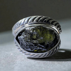Rope Eye Shaped Moldavite Silver Ring – Size 7 (P)