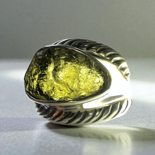 Rope Eye Shaped Moldavite Silver Ring – Size 7 (P)