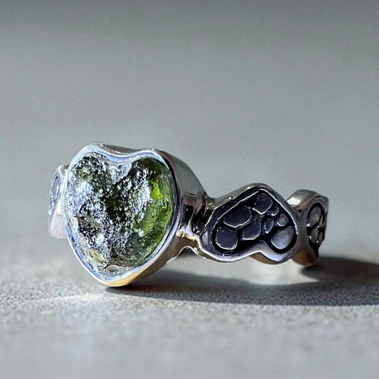 Heart Shaped Moldavite Silver Ring – Size 8 (Q)