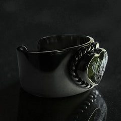 Heart Band Moldavite Silver Ring – Open Size 8 (R)
