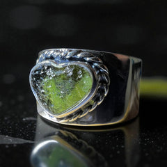 Heart Band Moldavite Silver Ring – Open Size 8 (R)