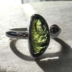 Elliptical Moldavite Silver Ring – Open Size 9 (S)
