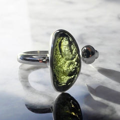 Elliptical Moldavite Silver Ring – Open Size 9 (S)