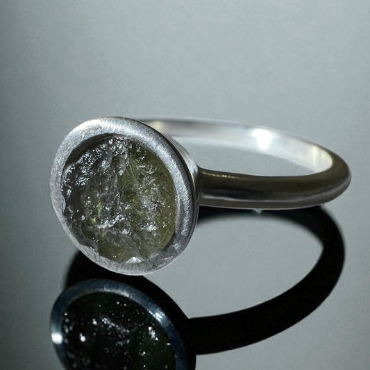 Dainty Sterling Silver Moldavite Ring – Size Q (8)