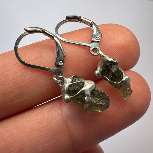 Moldavite Earrings, soft soldered pewter.