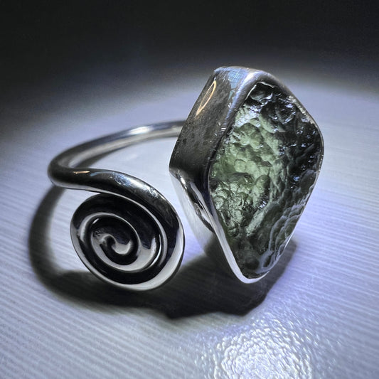 Spiral Sterling Silver Moldavite Ring - 9 (S) Open Size