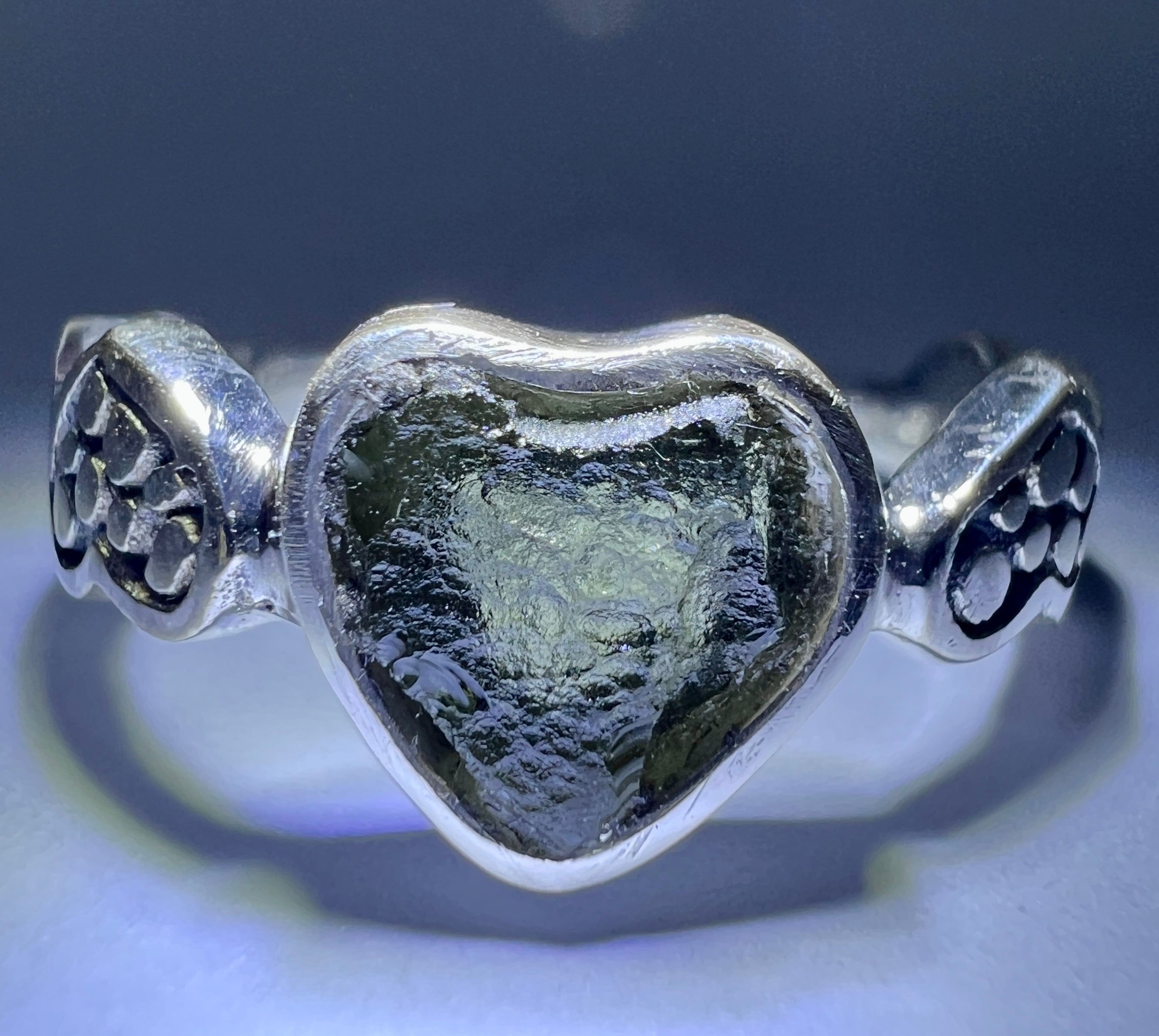 Sterling Silver Moldavite Heart Ring