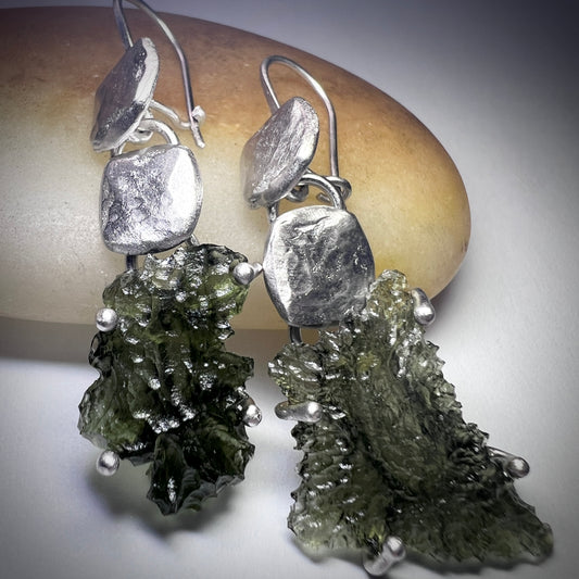 Twin Circle Silver Moldavite Dangle Earrings