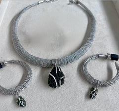 Woven Silver Moldavite Earrings & Necklace set